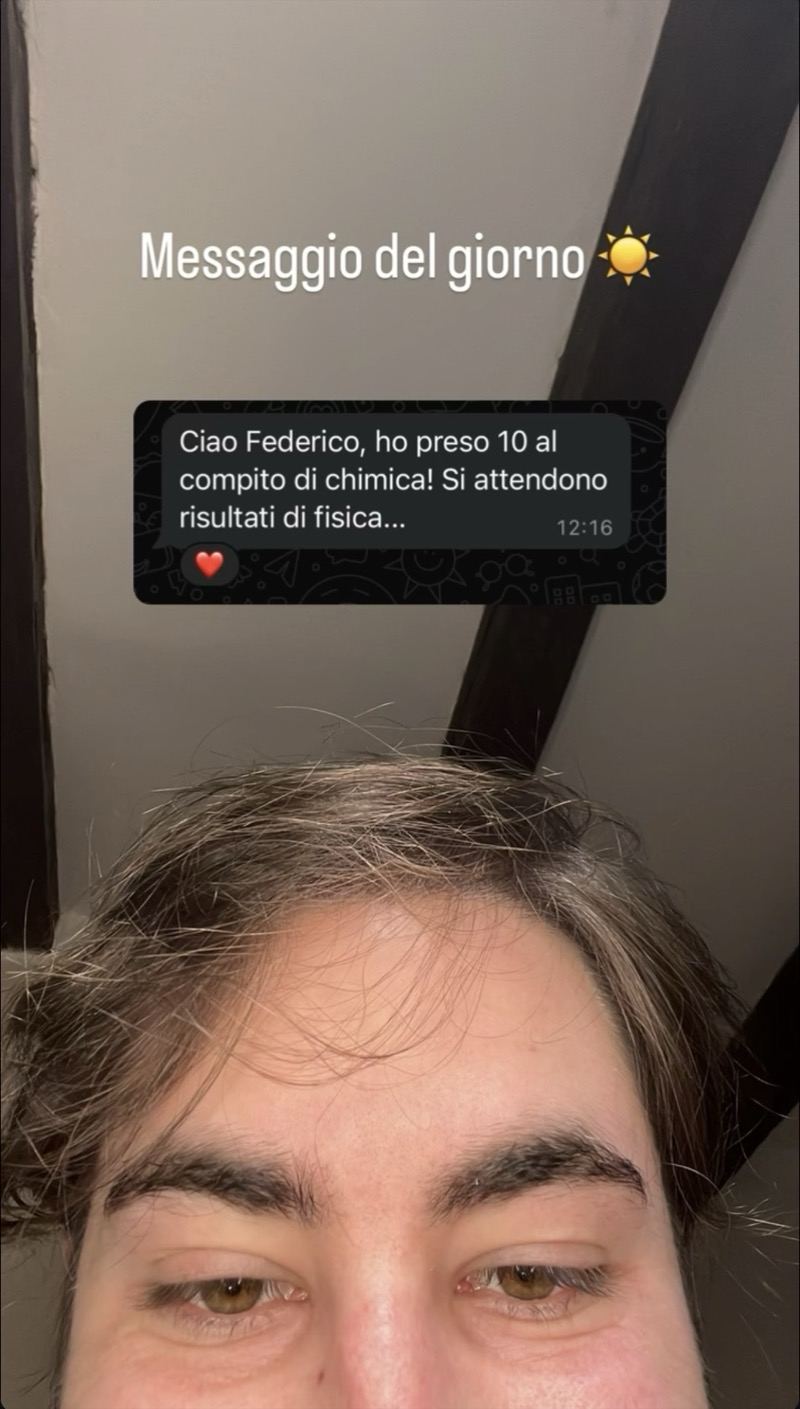 Uno studente scrive a Federico di aver preso 10 al compito di chimica e attende i risultati di fisica