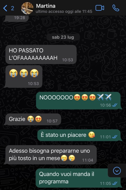 Messaggio WhatsApp di Martina che esulta per aver superato l'OFA grazie al percorso con Federico