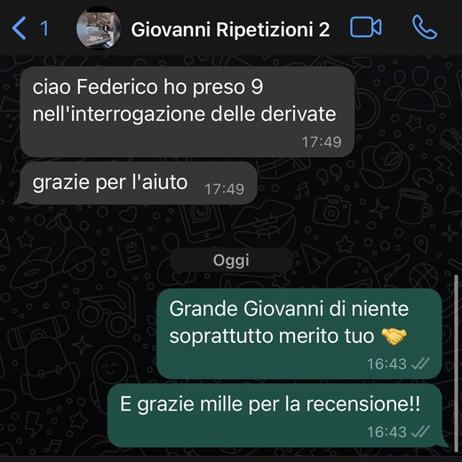 Giovanni scrive a Federico su WhatsApp: ha preso 9 nell'interrogazione sulle derivate dopo le ripetizioni