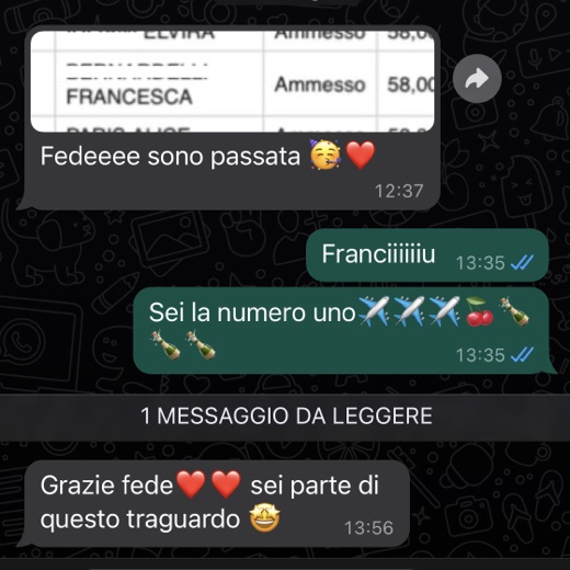 Francesca comunica a Federico di aver superato l'esame e lo ringrazia per il supporto nel suo percorso