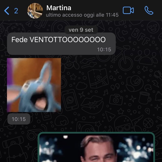 Martina esulta su WhatsApp scrivendo a Federico di aver preso 28 all'esame universitario con meme di festa