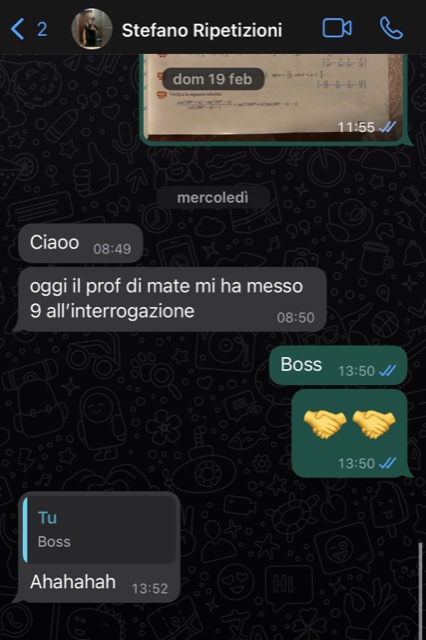 Stefano scrive al tutor che ha preso 9 all'interrogazione di matematica dopo le ripetizioni
