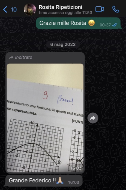 Rosita inoltra la foto del compito di matematica con un 9 e scrive Grande Federico!!