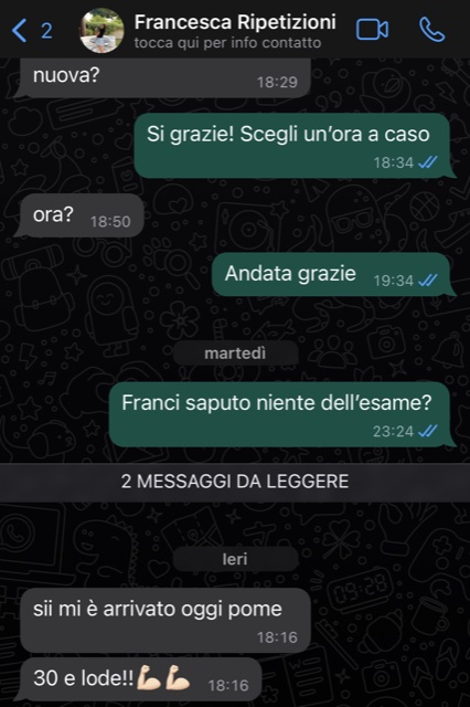Messaggio WhatsApp di Francesca che annuncia 30 e lode all'esame grazie alle ripetizioni