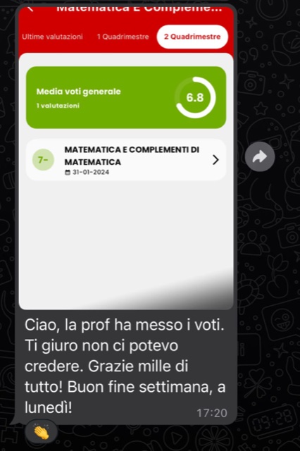 Studentessa condivide il registro elettronico con 7- in matematica e ringrazia Federico per il supporto