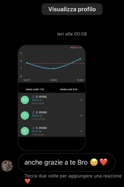 Studente ringrazia Federico per le ripetizioni mostrando il grafico dei voti in crescita, media del 7.6